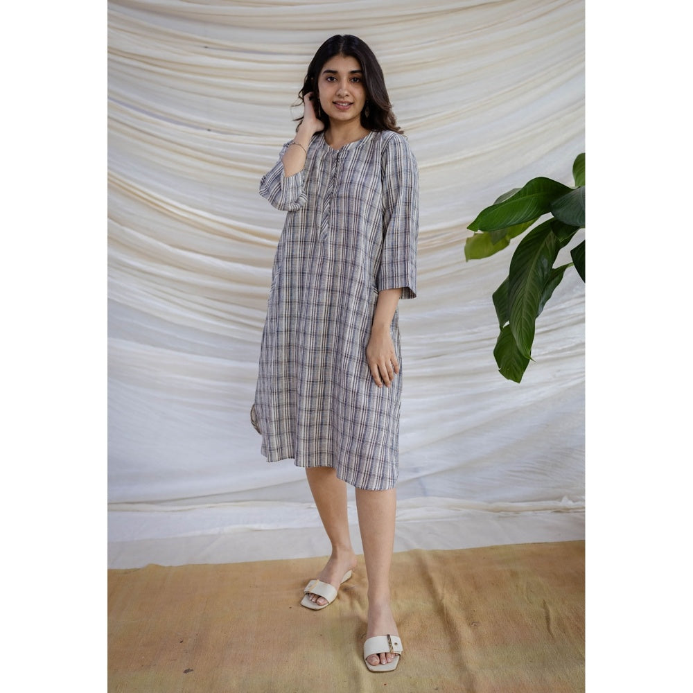 The Indian Ethnic Co. Multi Straight Handwoven Kala Cotton Dress With Mandarin Neck