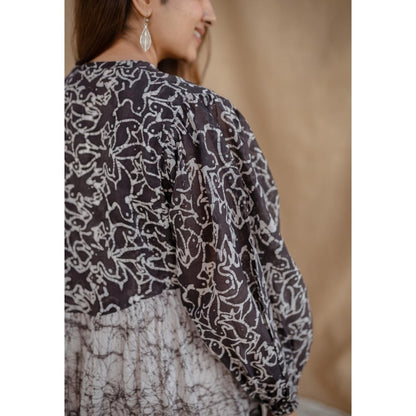 The Indian Ethnic Co. Black Loose Batik Mul Dress With Brown Slip (Set of 2)