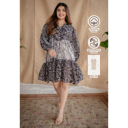 The Indian Ethnic Co. Black Loose Batik Mul Dress With Brown Slip (Set of 2)
