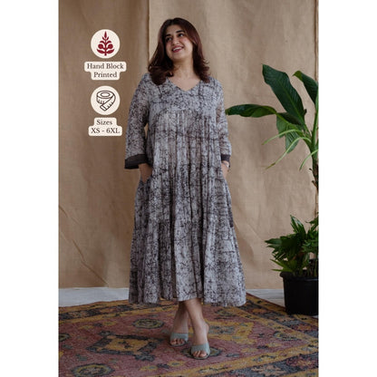 The Indian Ethnic Co. Grey A-Line Batik Hand Block Mul Dress With Slip (Set of 2)