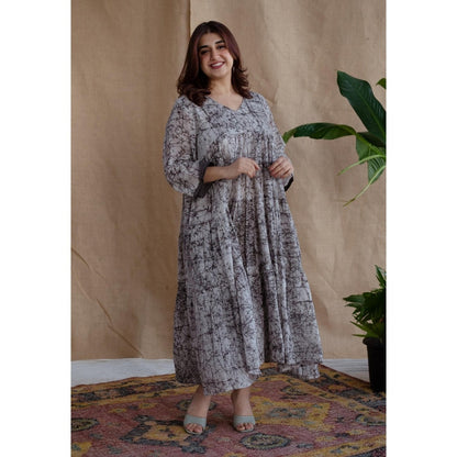 The Indian Ethnic Co. Grey A-Line Batik Hand Block Mul Dress With Slip (Set of 2)