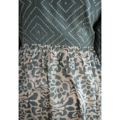 The Indian Ethnic Co. Green A-Line Batik Hand Block Mul Dress With Slip (Set of 2)
