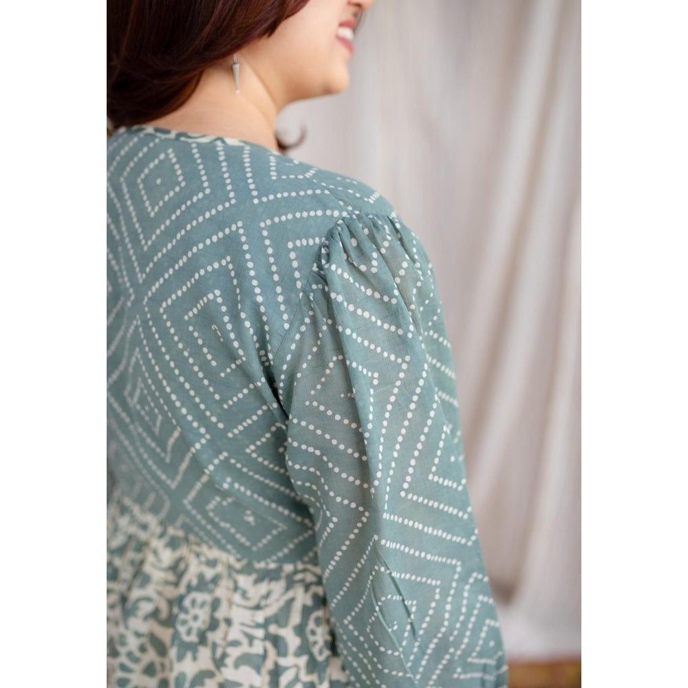 The Indian Ethnic Co. Green A-Line Batik Hand Block Mul Dress With Slip (Set of 2)