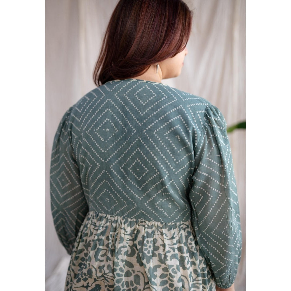 The Indian Ethnic Co. Green A-Line Batik Hand Block Mul Dress With Slip (Set of 2)