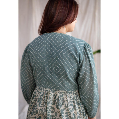 The Indian Ethnic Co. Green A-Line Batik Hand Block Mul Dress With Slip (Set of 2)