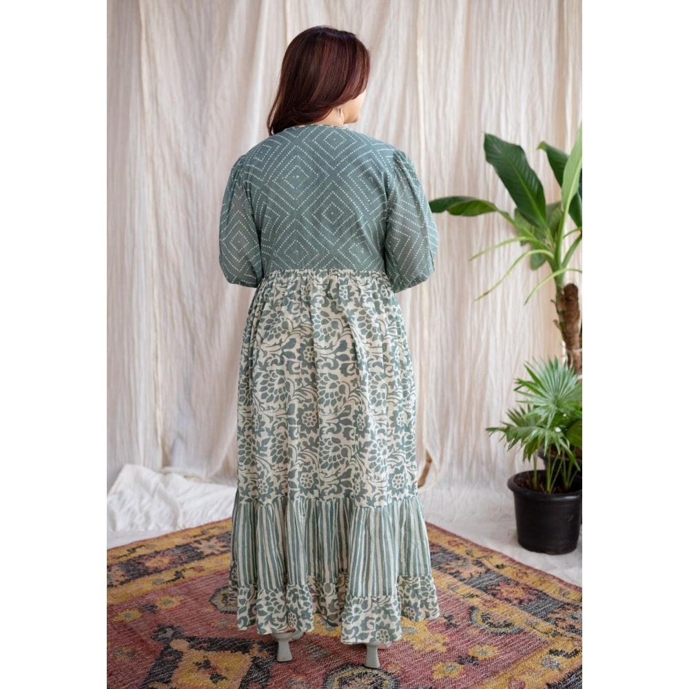 The Indian Ethnic Co. Green A-Line Batik Hand Block Mul Dress With Slip (Set of 2)