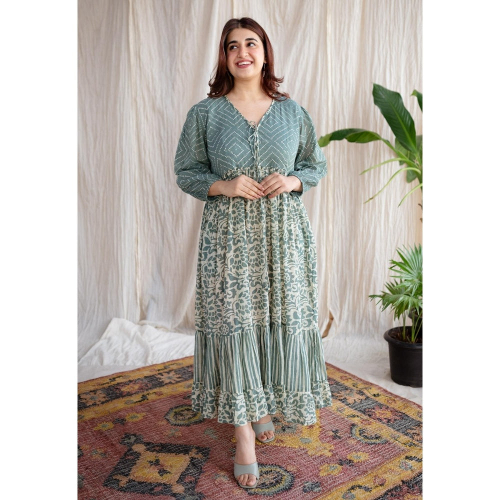 The Indian Ethnic Co. Green A-Line Batik Hand Block Mul Dress With Slip (Set of 2)