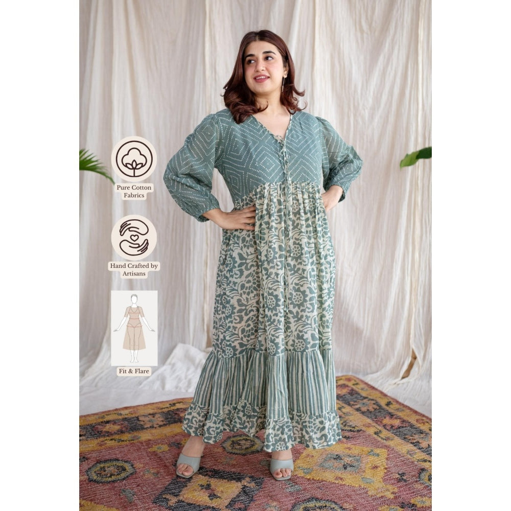 The Indian Ethnic Co. Green A-Line Batik Hand Block Mul Dress With Slip (Set of 2)