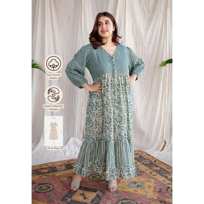 The Indian Ethnic Co. Green A-Line Batik Hand Block Mul Dress With Slip (Set of 2)