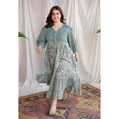 The Indian Ethnic Co. Green A-Line Batik Hand Block Mul Dress With Slip (Set of 2)
