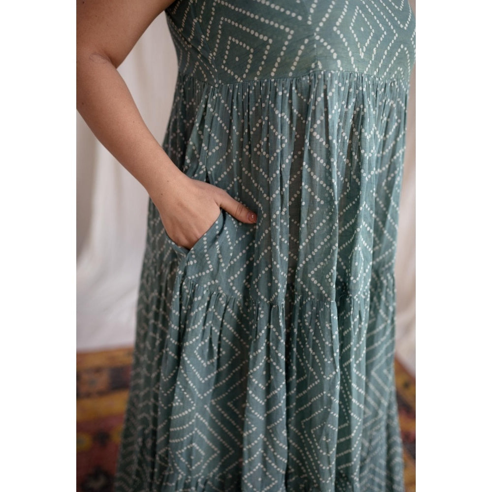 The Indian Ethnic Co. Green A-Line Batik Hand Block Mul Dress With Attached Lining