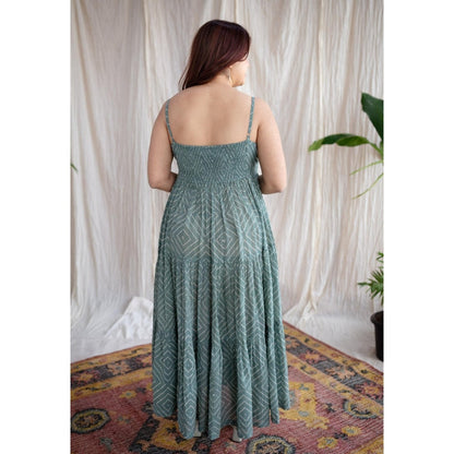The Indian Ethnic Co. Green A-Line Batik Hand Block Mul Dress With Attached Lining
