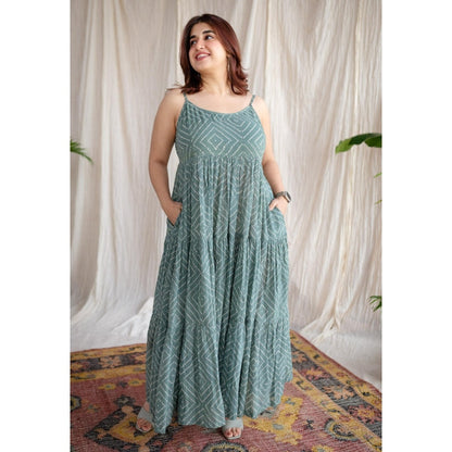 The Indian Ethnic Co. Green A-Line Batik Hand Block Mul Dress With Attached Lining