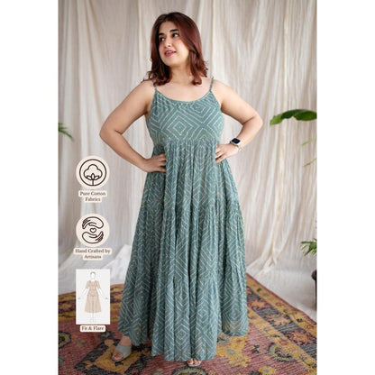 The Indian Ethnic Co. Green A-Line Batik Hand Block Mul Dress With Attached Lining