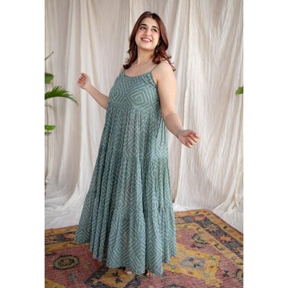 The Indian Ethnic Co. Green A-Line Batik Hand Block Mul Dress With Attached Lining