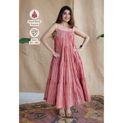 The Indian Ethnic Co. Red A-Line Batik Hand Block Mul Dress With Belt (Set of 2)