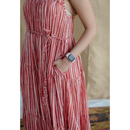 The Indian Ethnic Co. Red A-Line Batik Hand Block Mul Dress With Belt (Set of 2)