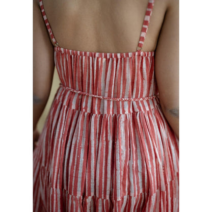 The Indian Ethnic Co. Red A-Line Batik Hand Block Mul Dress With Belt (Set of 2)