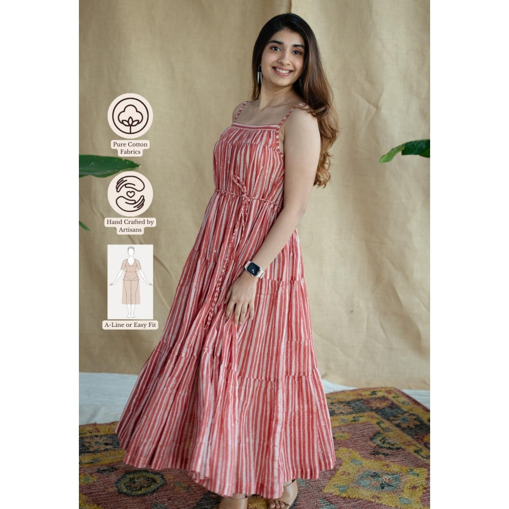 The Indian Ethnic Co. Red A-Line Batik Hand Block Mul Dress With Belt (Set of 2)