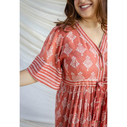 The Indian Ethnic Co. Red A-Line Batik Hand Block Mul Dress With Slip (Set of 2)