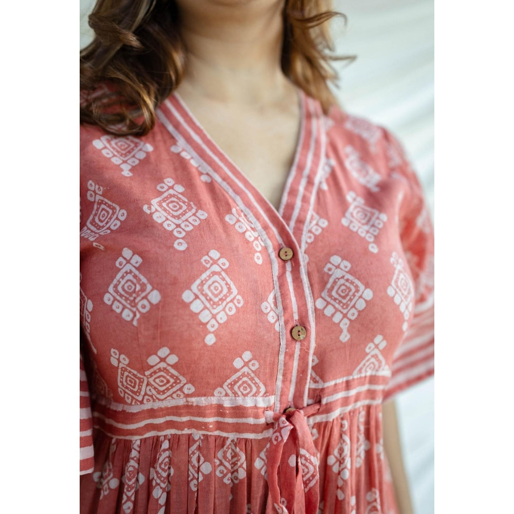 The Indian Ethnic Co. Red A-Line Batik Hand Block Mul Dress With Slip (Set of 2)