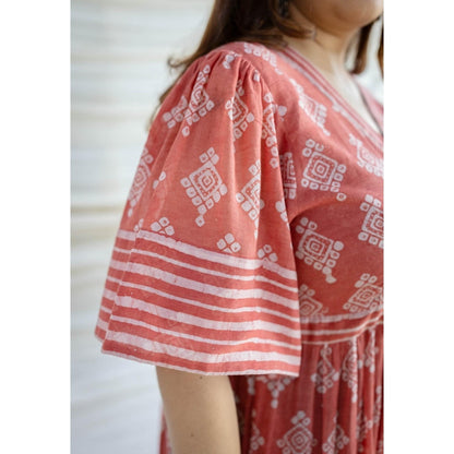 The Indian Ethnic Co. Red A-Line Batik Hand Block Mul Dress With Slip (Set of 2)