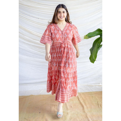 The Indian Ethnic Co. Red A-Line Batik Hand Block Mul Dress With Slip (Set of 2)