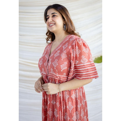 The Indian Ethnic Co. Red A-Line Batik Hand Block Mul Dress With Slip (Set of 2)
