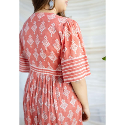 The Indian Ethnic Co. Red A-Line Batik Hand Block Mul Dress With Slip (Set of 2)