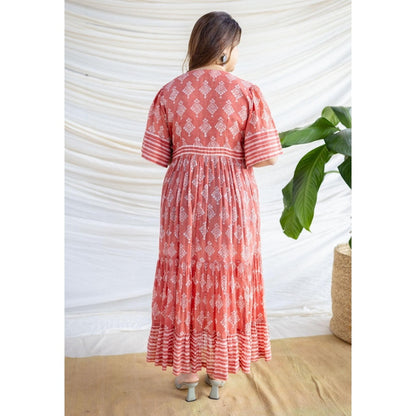The Indian Ethnic Co. Red A-Line Batik Hand Block Mul Dress With Slip (Set of 2)