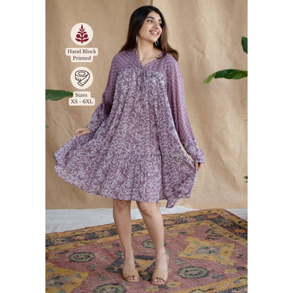 The Indian Ethnic Co. Lavender Loose Batik Hand Block Mul Dress With Slip (Set of 2)