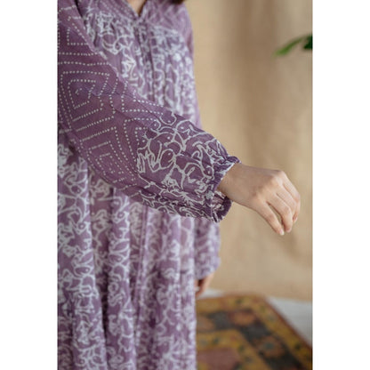 The Indian Ethnic Co. Lavender Loose Batik Hand Block Mul Dress With Slip (Set of 2)