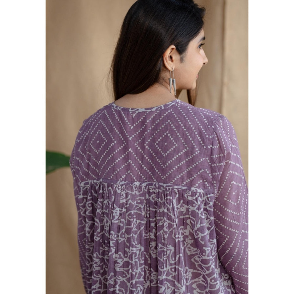The Indian Ethnic Co. Lavender Loose Batik Hand Block Mul Dress With Slip (Set of 2)