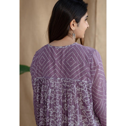 The Indian Ethnic Co. Lavender Loose Batik Hand Block Mul Dress With Slip (Set of 2)