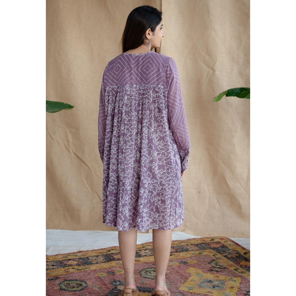 The Indian Ethnic Co. Lavender Loose Batik Hand Block Mul Dress With Slip (Set of 2)