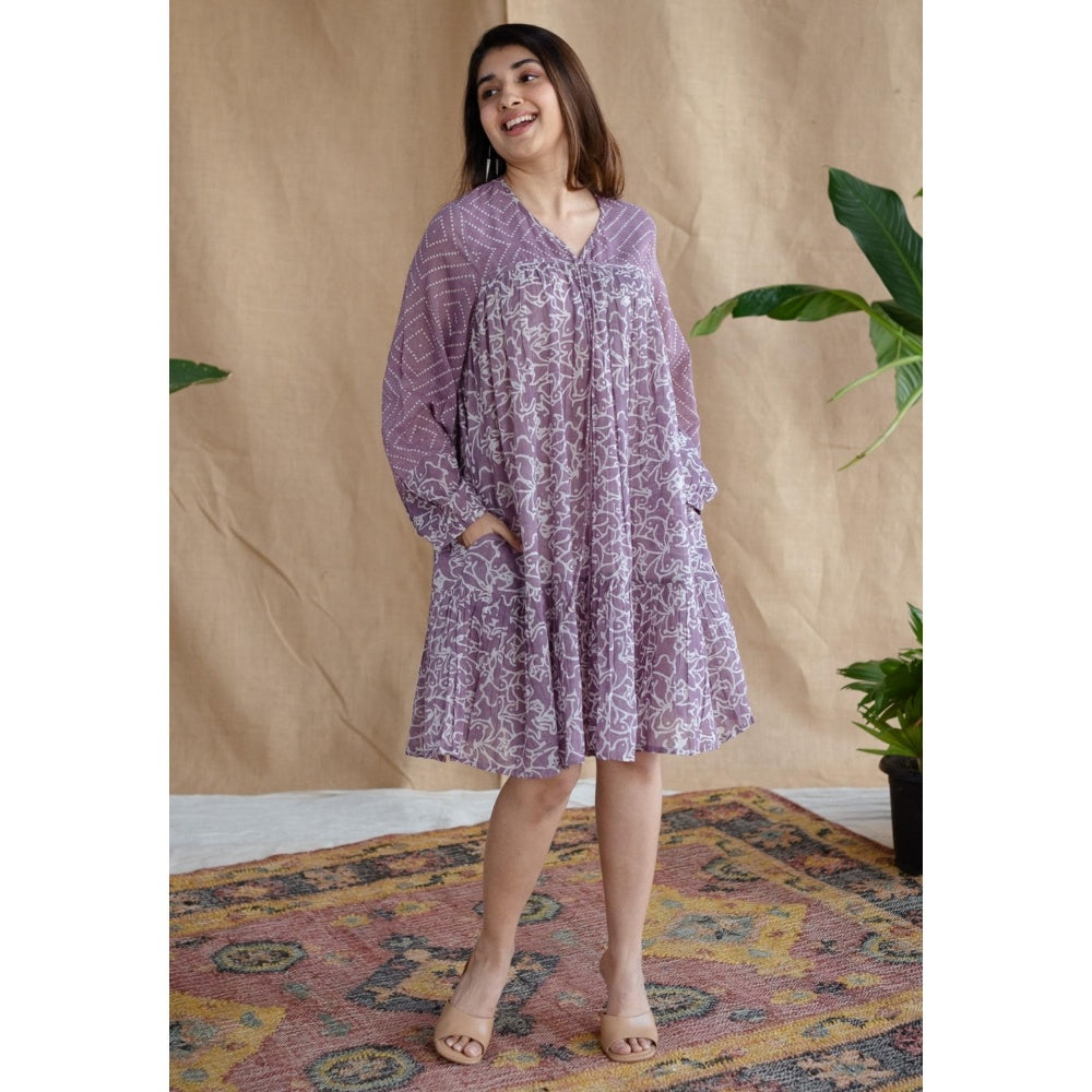 The Indian Ethnic Co. Lavender Loose Batik Hand Block Mul Dress With Slip (Set of 2)