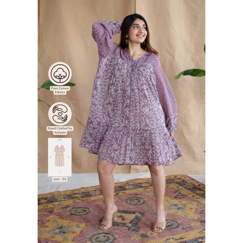 The Indian Ethnic Co. Lavender Loose Batik Hand Block Mul Dress With Slip (Set of 2)
