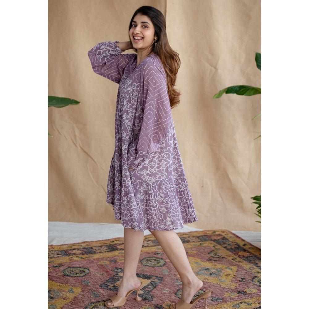 The Indian Ethnic Co. Lavender Loose Batik Hand Block Mul Dress With Slip (Set of 2)