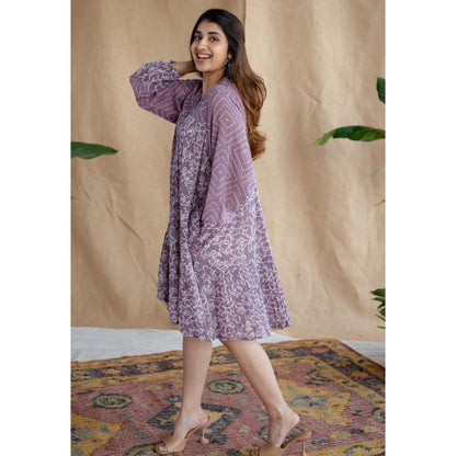 The Indian Ethnic Co. Lavender Loose Batik Hand Block Mul Dress With Slip (Set of 2)