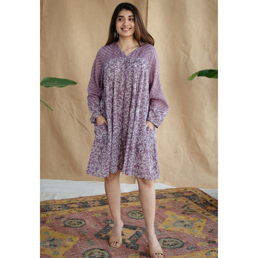 The Indian Ethnic Co. Lavender Loose Batik Hand Block Mul Dress With Slip (Set of 2)