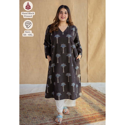 The Indian Ethnic Co. Charcoal Jabba Kali Ajrakh Hand Block Printed Cotton Kurta