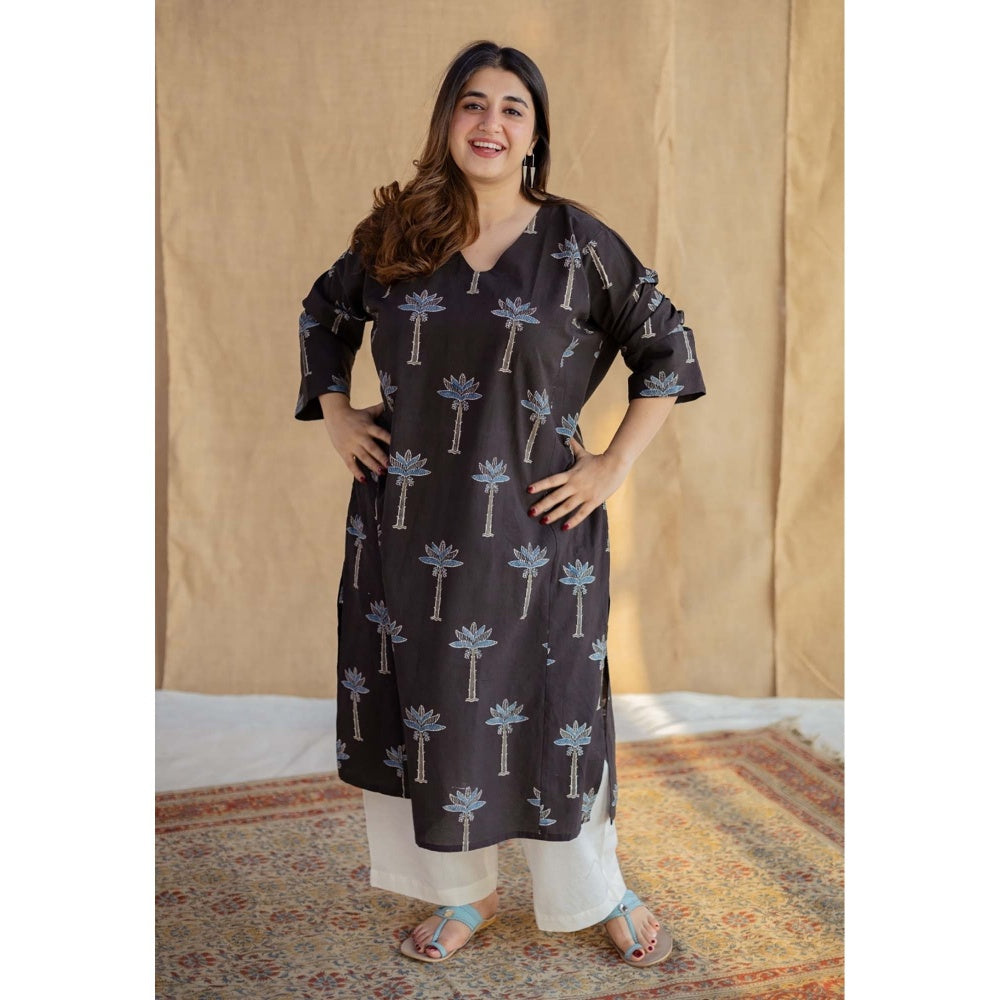 The Indian Ethnic Co. Charcoal Jabba Kali Ajrakh Hand Block Printed Cotton Kurta