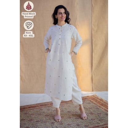 The Indian Ethnic Co. Off White Straight Jamdani Handwoven Cotton Kurta