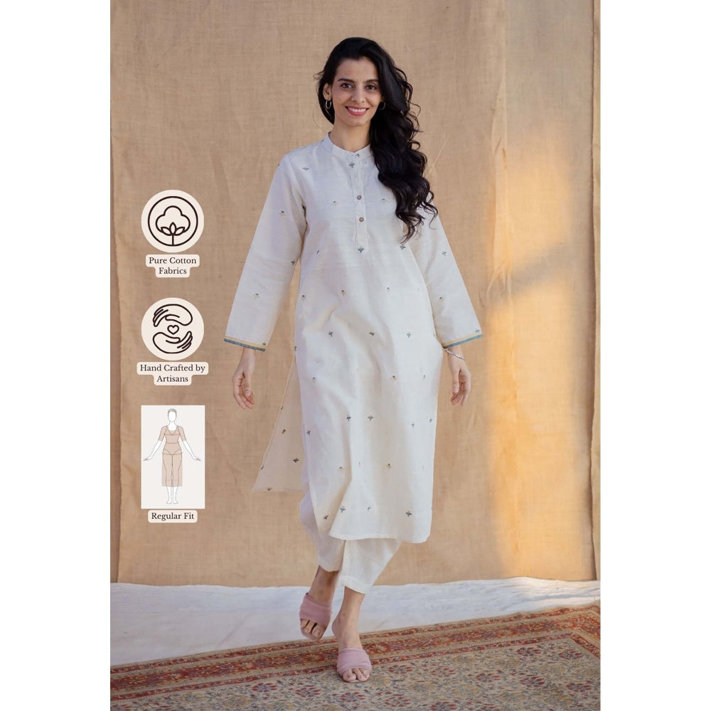 The Indian Ethnic Co. Off White Straight Jamdani Handwoven Cotton Kurta