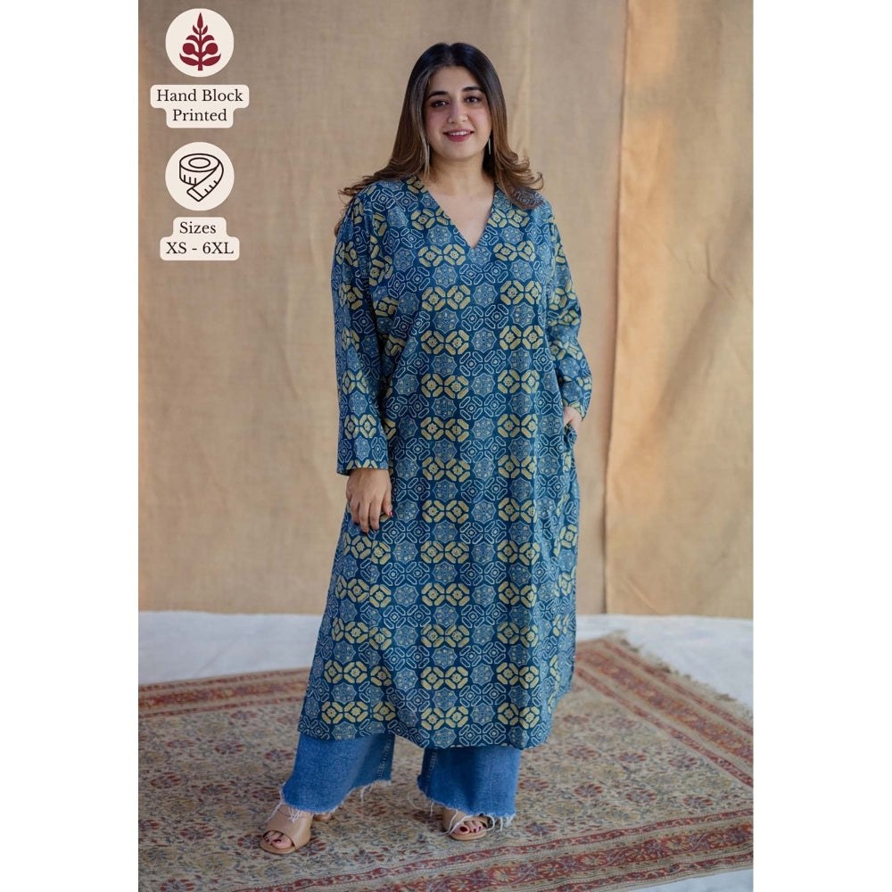 The Indian Ethnic Co. Blue Ajrakh Hand Block Printed Cotton Jabba Kali Kurta