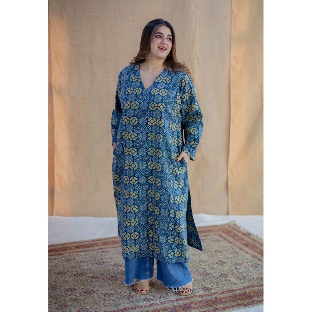 The Indian Ethnic Co. Blue Ajrakh Hand Block Printed Cotton Jabba Kali Kurta
