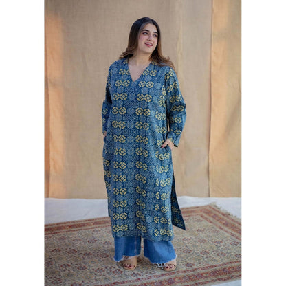 The Indian Ethnic Co. Blue Ajrakh Hand Block Printed Cotton Jabba Kali Kurta