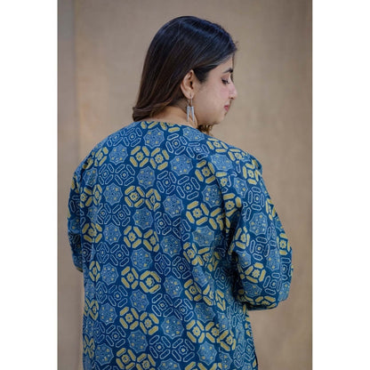 The Indian Ethnic Co. Blue Ajrakh Hand Block Printed Cotton Jabba Kali Kurta