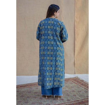 The Indian Ethnic Co. Blue Ajrakh Hand Block Printed Cotton Jabba Kali Kurta