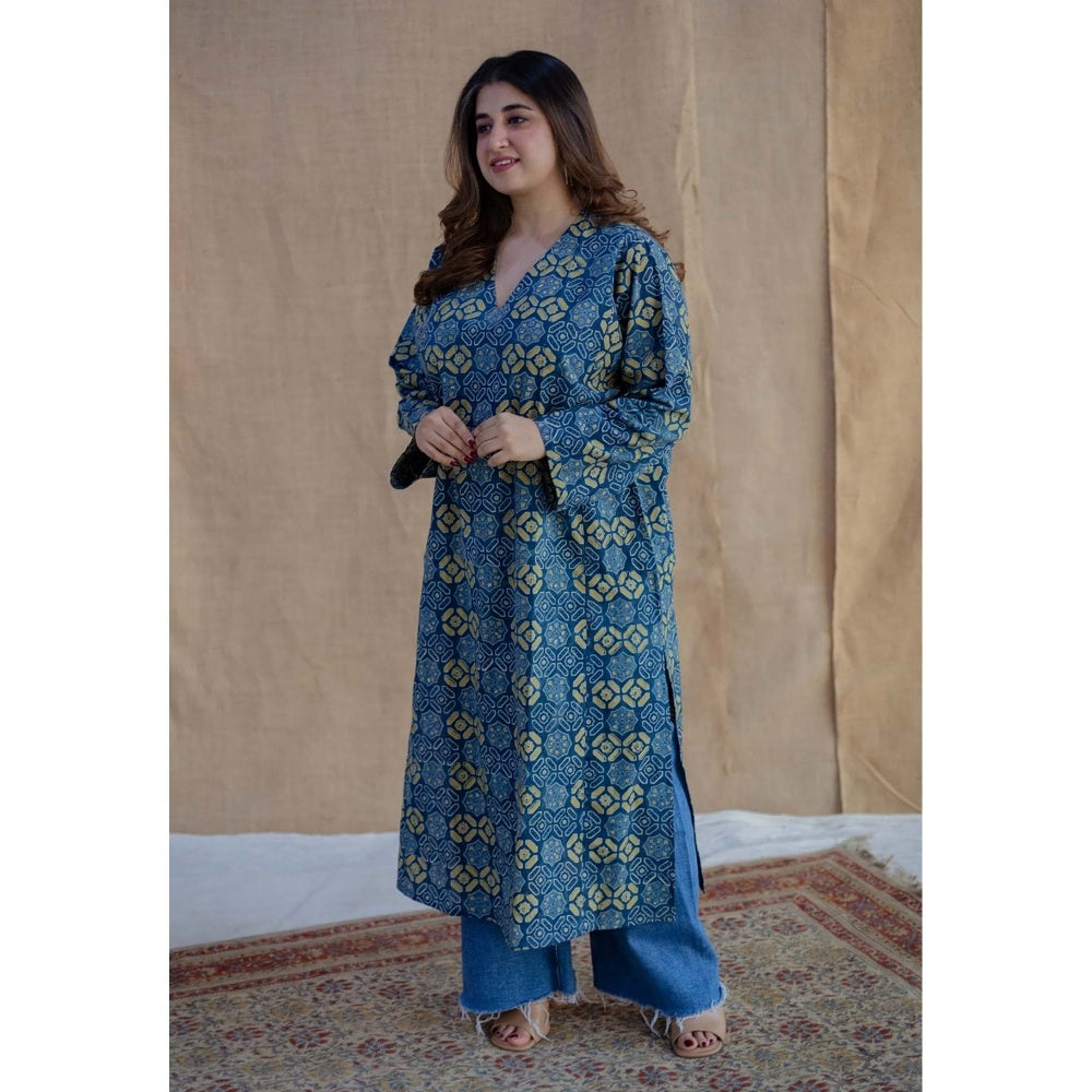 The Indian Ethnic Co. Blue Ajrakh Hand Block Printed Cotton Jabba Kali Kurta